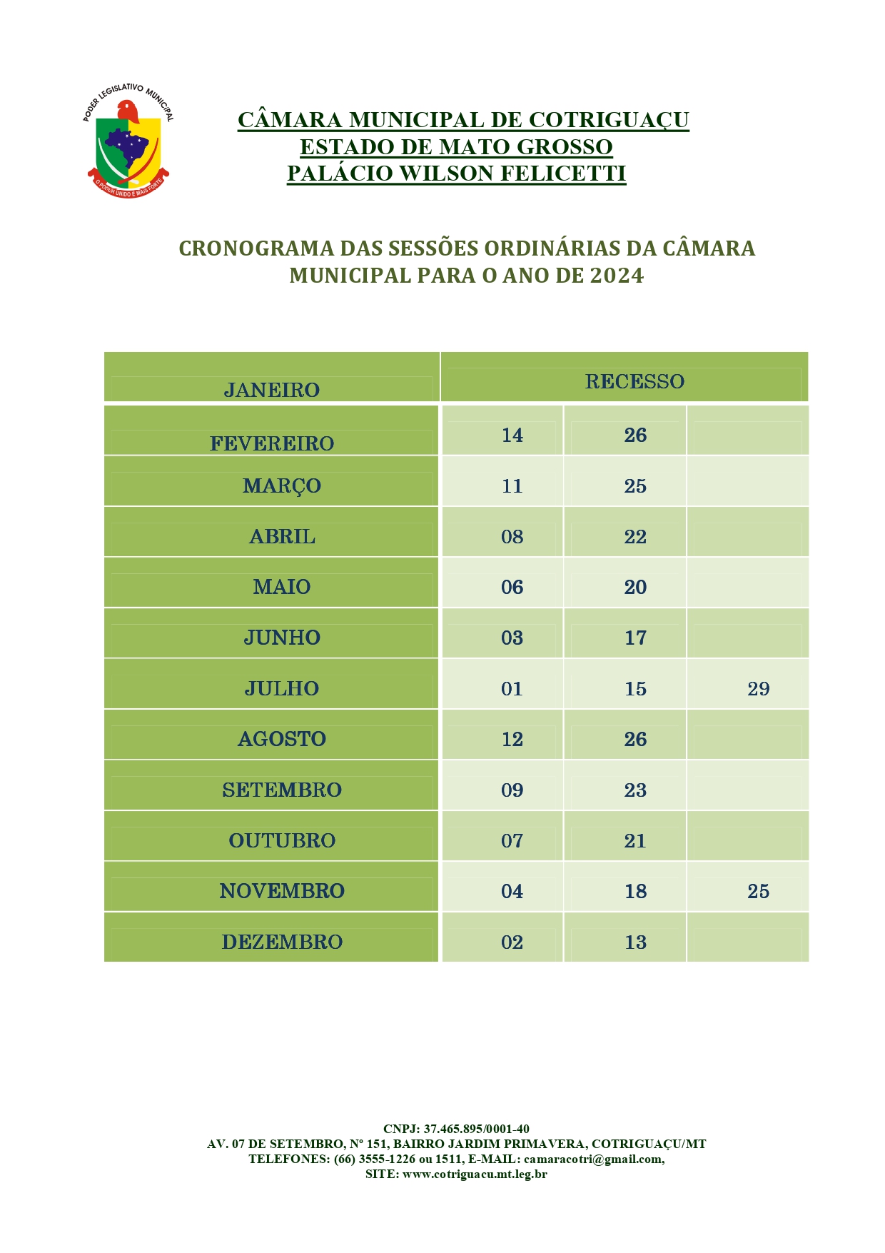 Calendário das Sessões de 2024