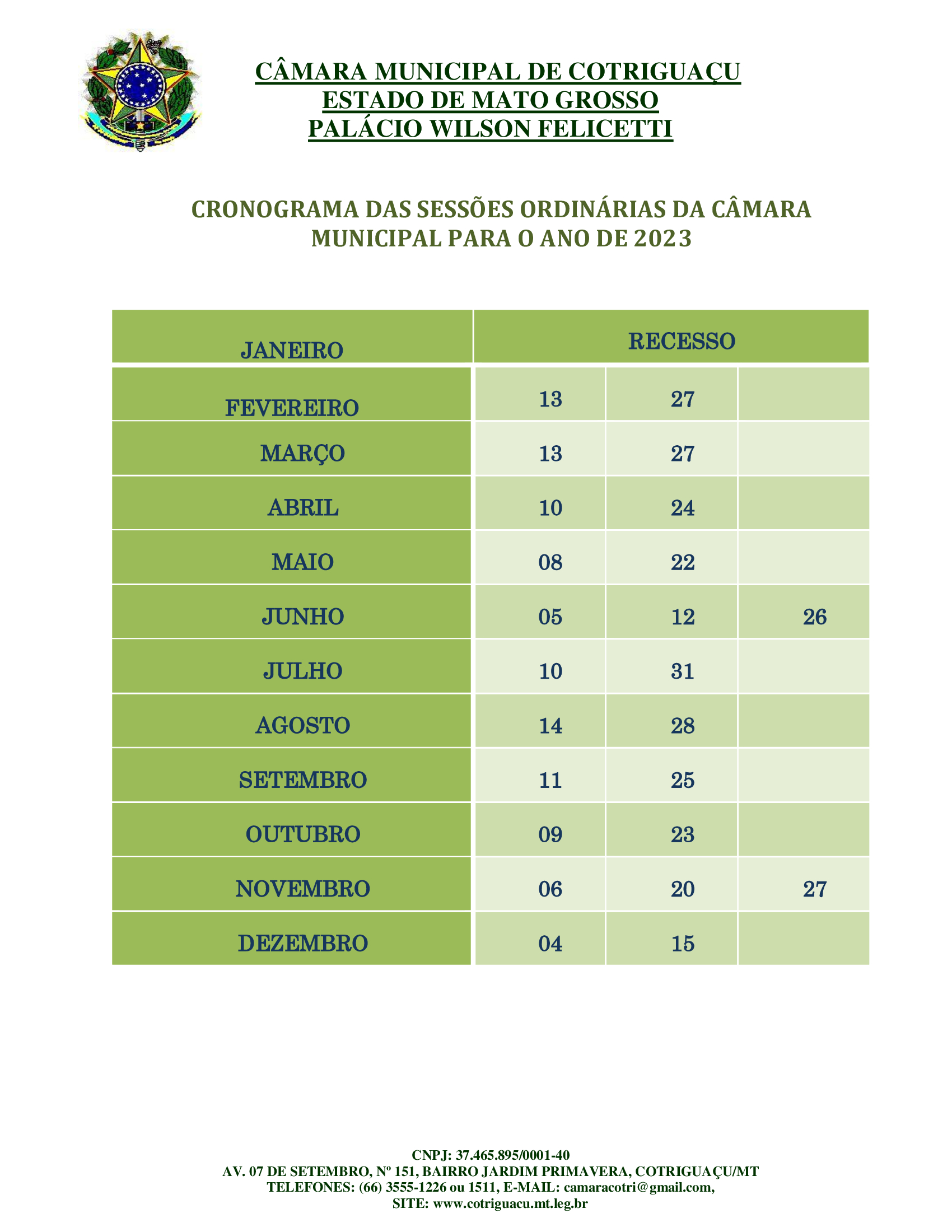 CALENDARIO SESSÕES DE 2023_                                                                                                                                                                                                   